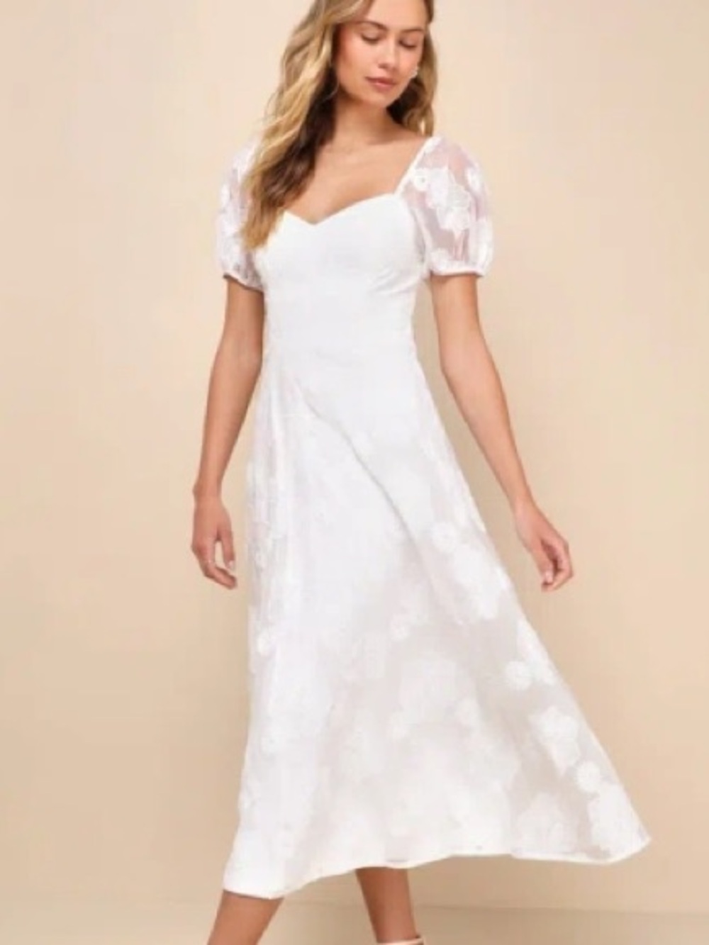 Lulu's Ivory Floral Embroidered Puff Sleeve Midi Dress